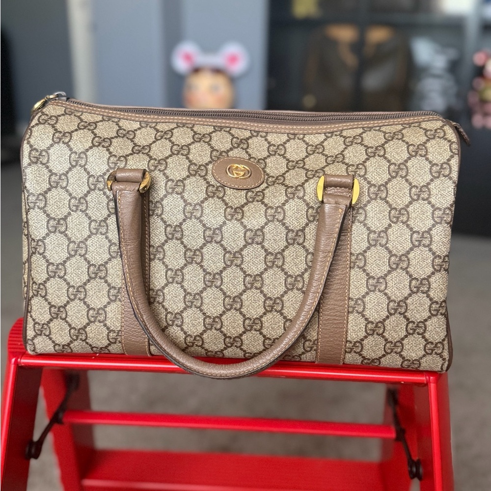 Gucci Brown Beige GG Plus Canvas Boston Bag Leather Trim Double Handle Handbag